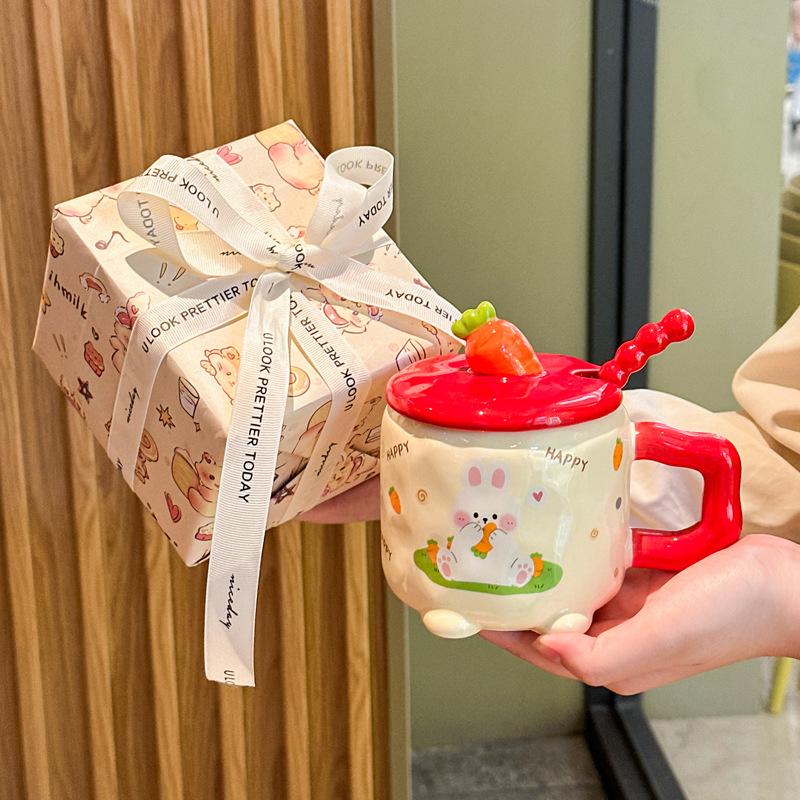 Birthday Gifts for Girls Cute Radish Rabbit Ceramic Mug with Lid Spoon Girlfriend Practical Gift Souvenir
