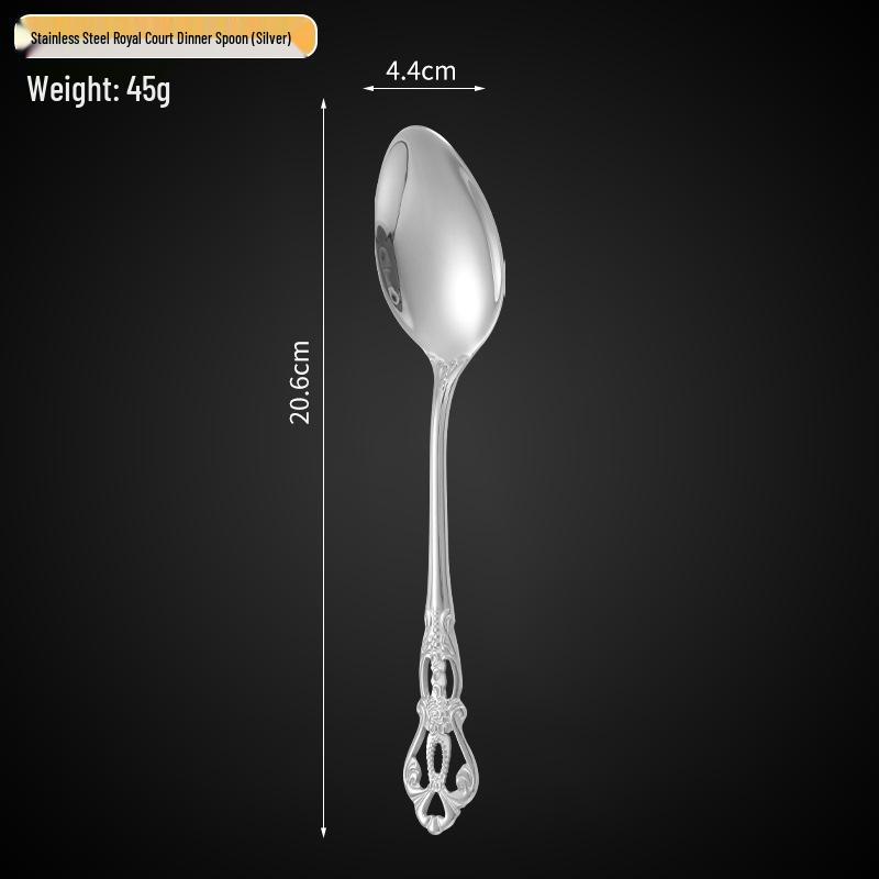 Royal Court 5-Piece Cutlery Set: Vintage Titanium-Plated Gold Stainless Steel Knife, Fork & Spoon with Embossed Hollow Design.