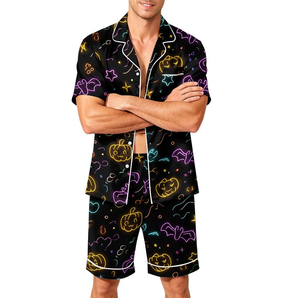 Herren Kurzarm-Pyjama-Set Knopfleiste Hemd und Shorts Weich Leicht Lässig Nachtwäsche S bis XXXXL Bequeme Passform