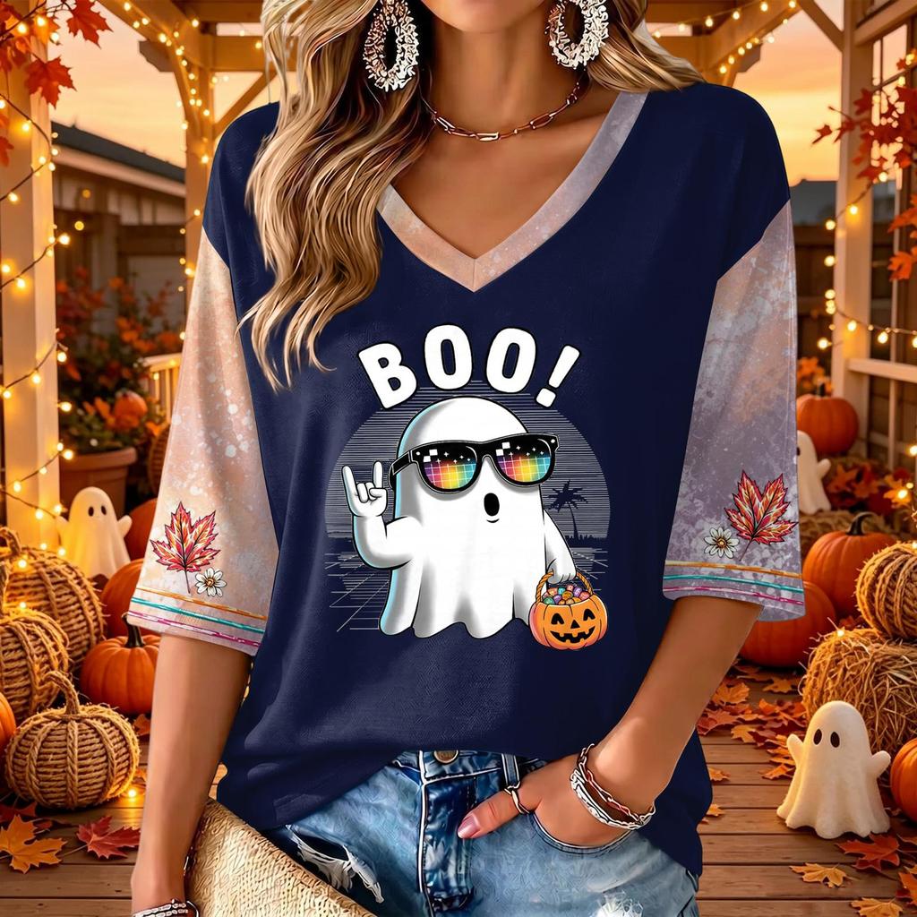 Women's Halloween Print V-Neck 3/4 Sleeve Casual Blouse Top