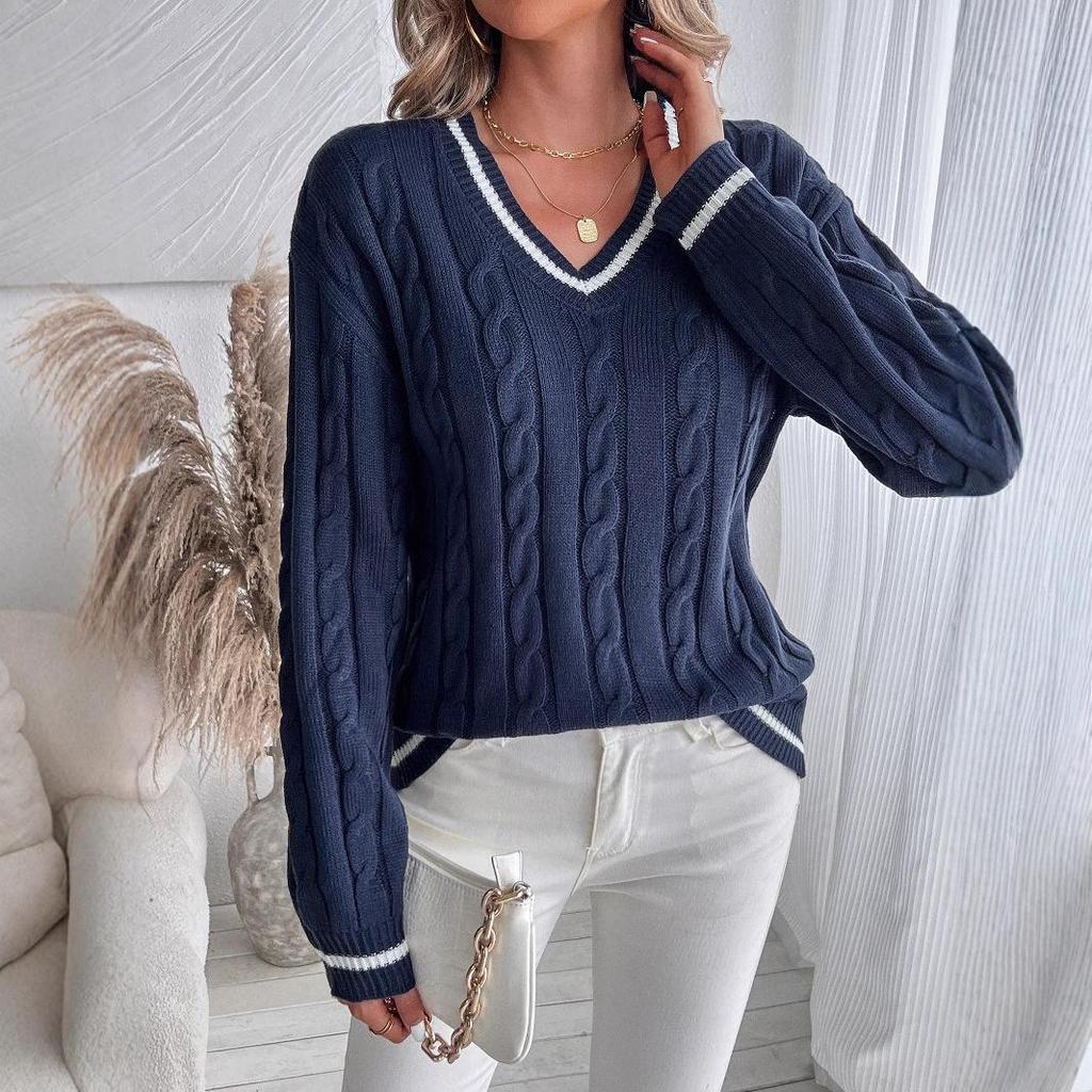 2024 European & American Color Block Cable Knit V-neck Sweater - Autumn/Winter Fashion