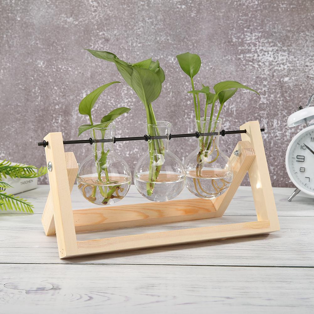 Glass and Wood Vase Planter Terrarium Table Desktop Hydroponics Tray Home Decor Plant Bonsai Flower Pot Hanging Pots with Wooden