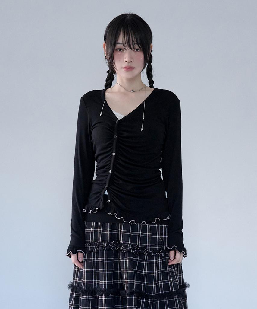 Mireco Asymmetric Shirring Lace Cardigan Black