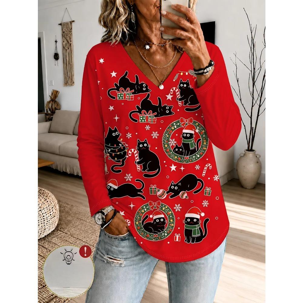 Fashion Christmas Theme Fun Printed Women V Neck Long Sleeve T-Shirt Comfortable Casual Loose Sports Versatile T-Shirt