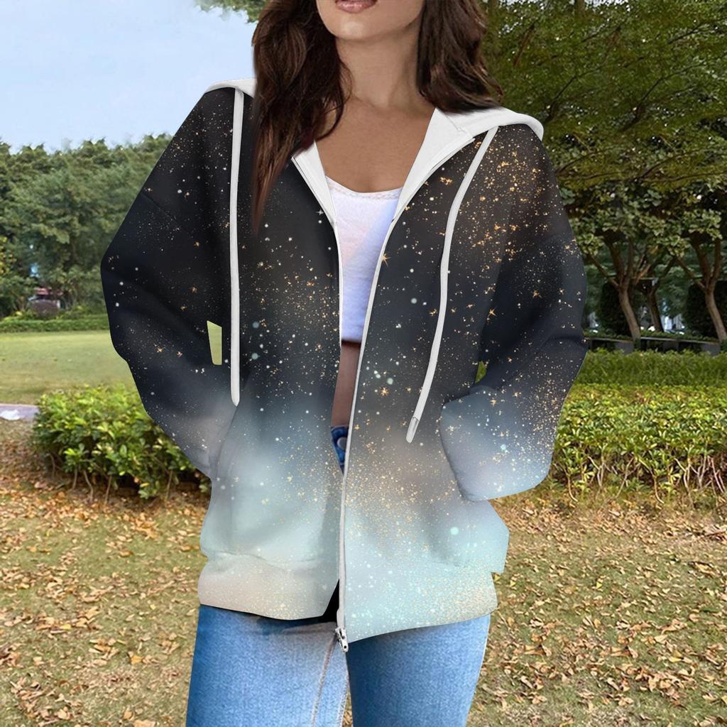 Women's Fashion Casual Christmas Print Long Sleeve Sweatshirt Pocket Jacket Zipper Hoodie Coat