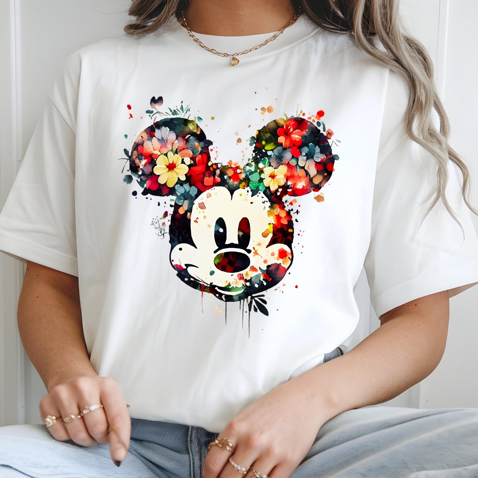Floral Mickey Face T-Shirt, Watercolor Flower Mouse Tee, Epcot Flower Shirt, Floral Tee S