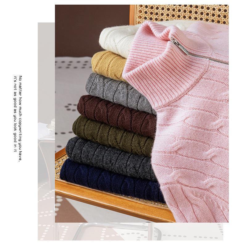 2025 Puyuan Women's Casual Cable Knit Stand Collar Zipper Sweater - 100% Wool, Autumn/Winter Collection.