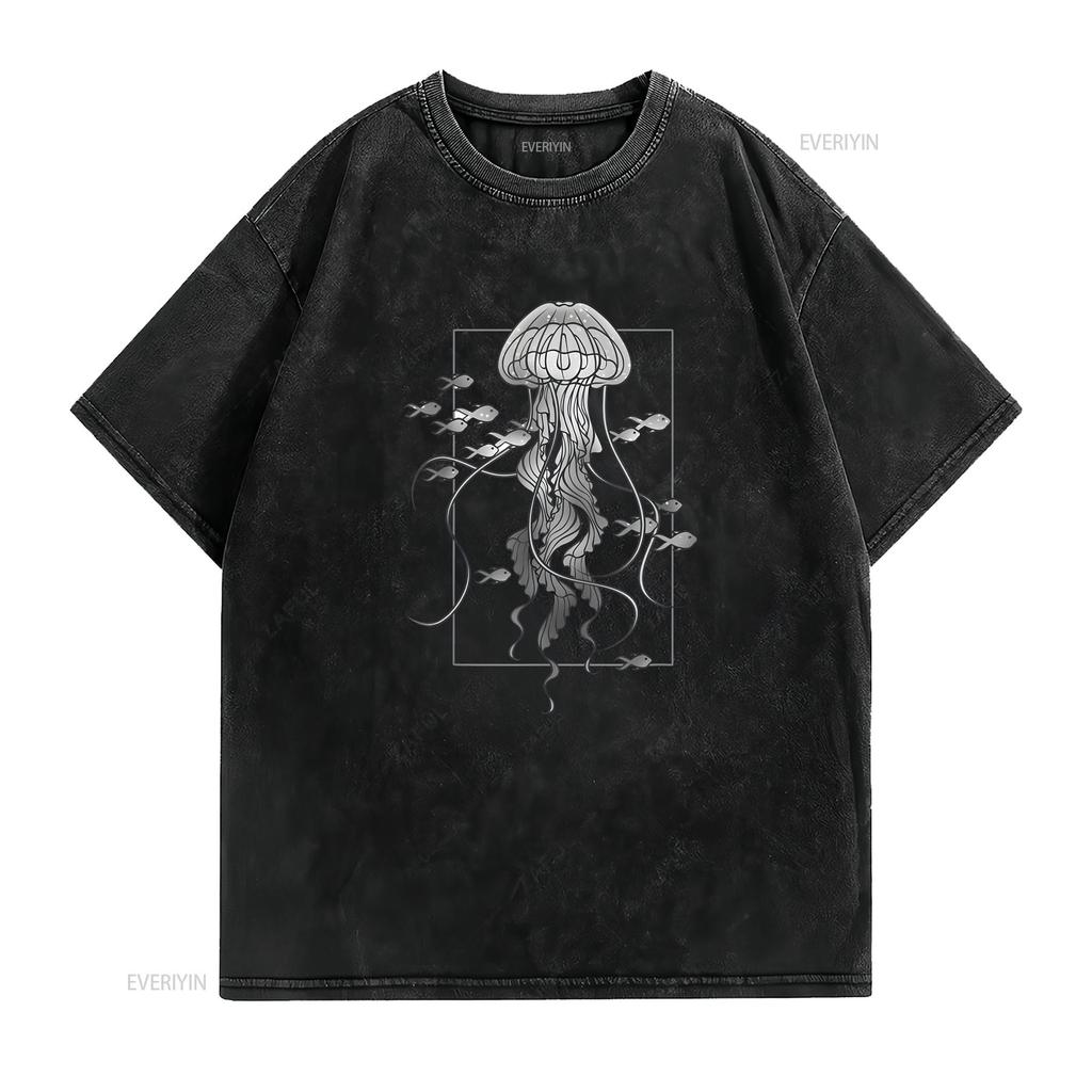 Jellyfish with Fishes In Sea T Shirt Vintage Washed Homme Slightly Streetwear Fashion Breathable Versatile Designer Clothes