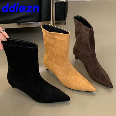 Fashion Designer Footwear Slip On Ladies Modern Short Booties Shoes Fashion Pointed Toe Flock Women Ankle Boots Shoes With Low Heel