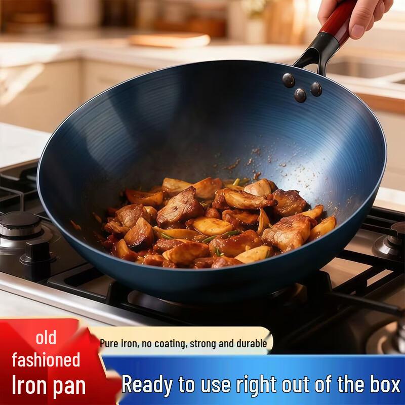 Traditional Blue-Baked Cast Iron Wok Set