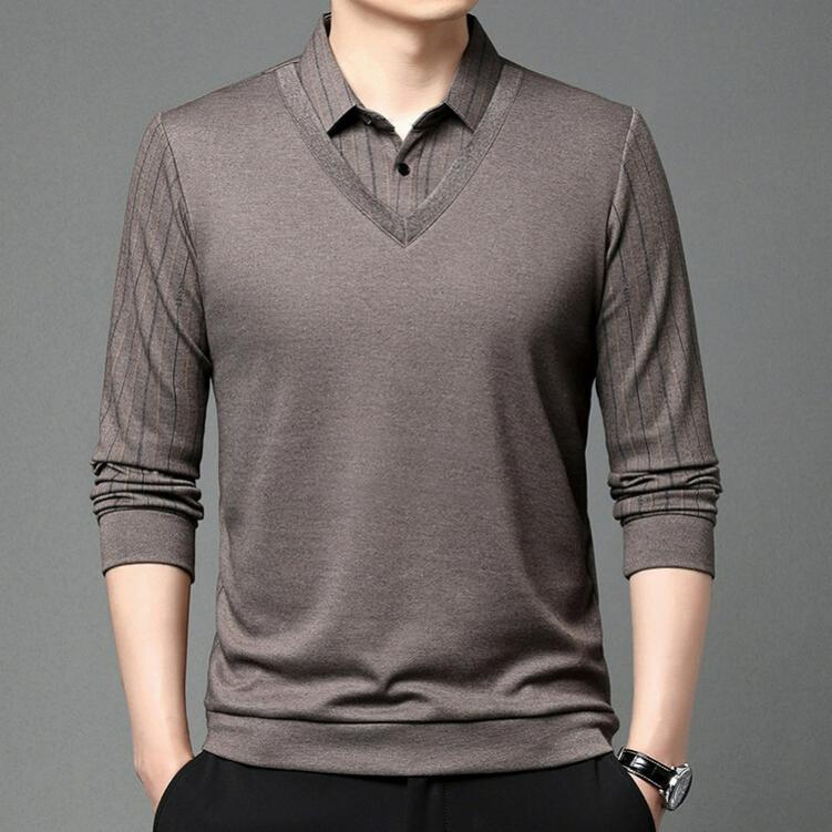 Men's Fake Two-piece Striped Polo Shirt Spring and Autumn Men's Loose Lapel Long-sleeved Shirt T-shirt
