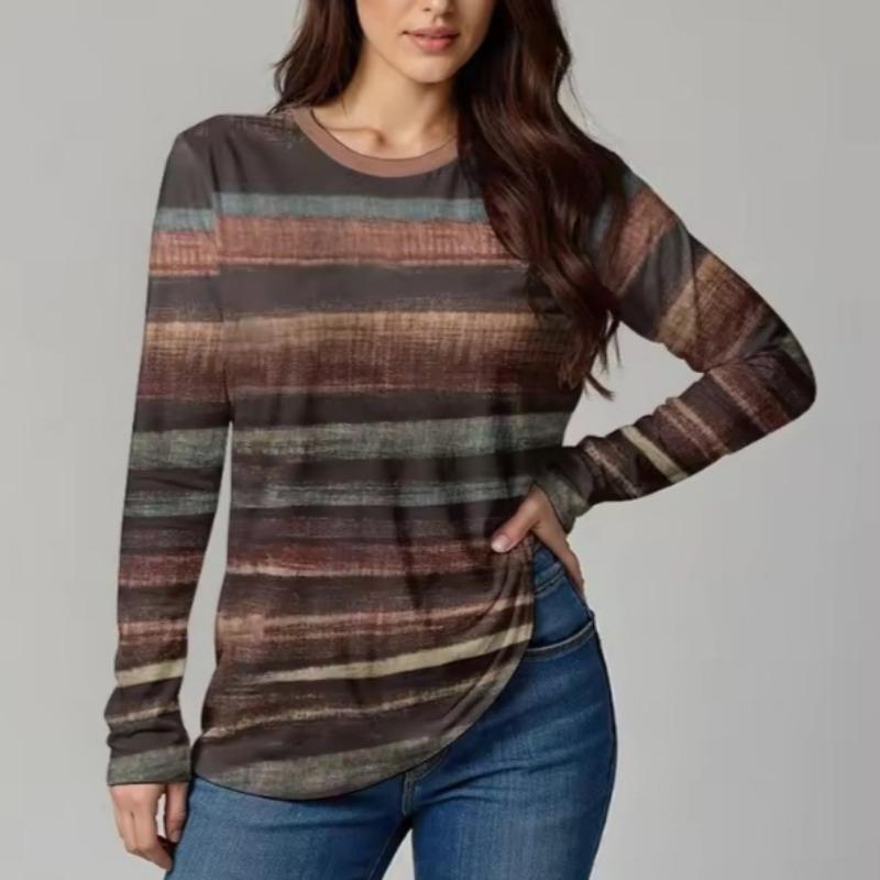 Autumn Women's T-Shirt Casual Long Sleeve Stripe Pattern Print Street O Neck Female Oversized Clothing Outdoor Vintage T Shirts