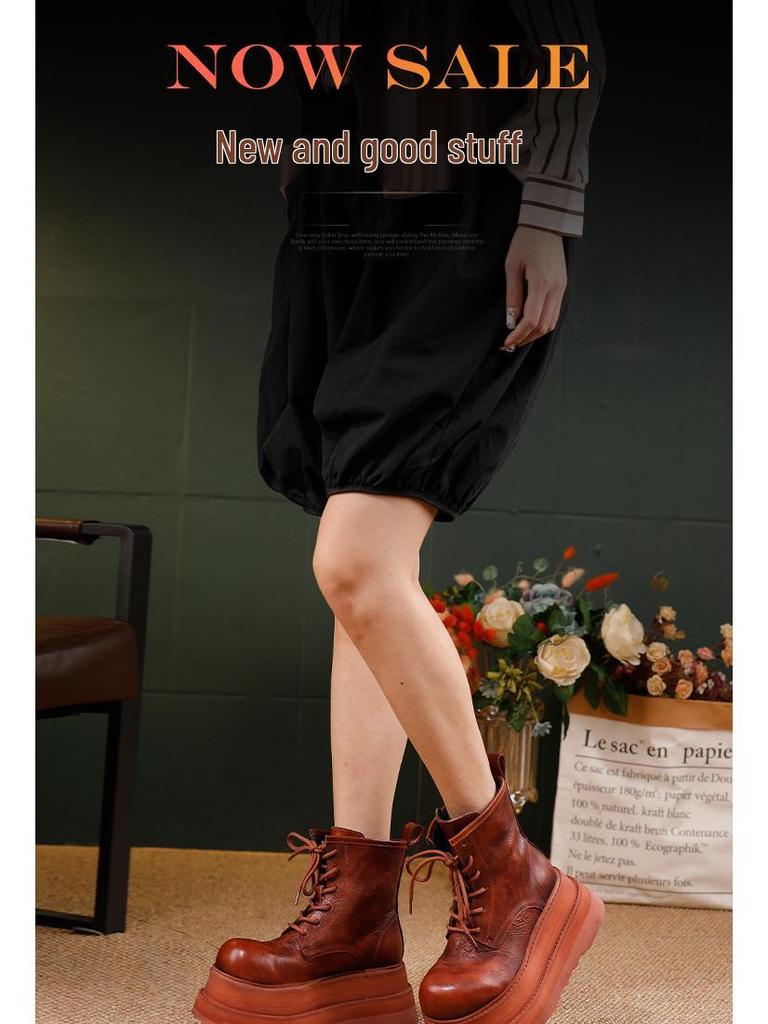 Damskie Botki Martin na Małej Platformie Jesień/Zima 2025 - Zamszowa Skóra Cielęca Sznurowane Krótkie Botki