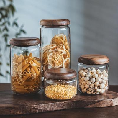 Japanese Style Acacia Lid Glass Storage Jar for Tea, Snacks, and Grains