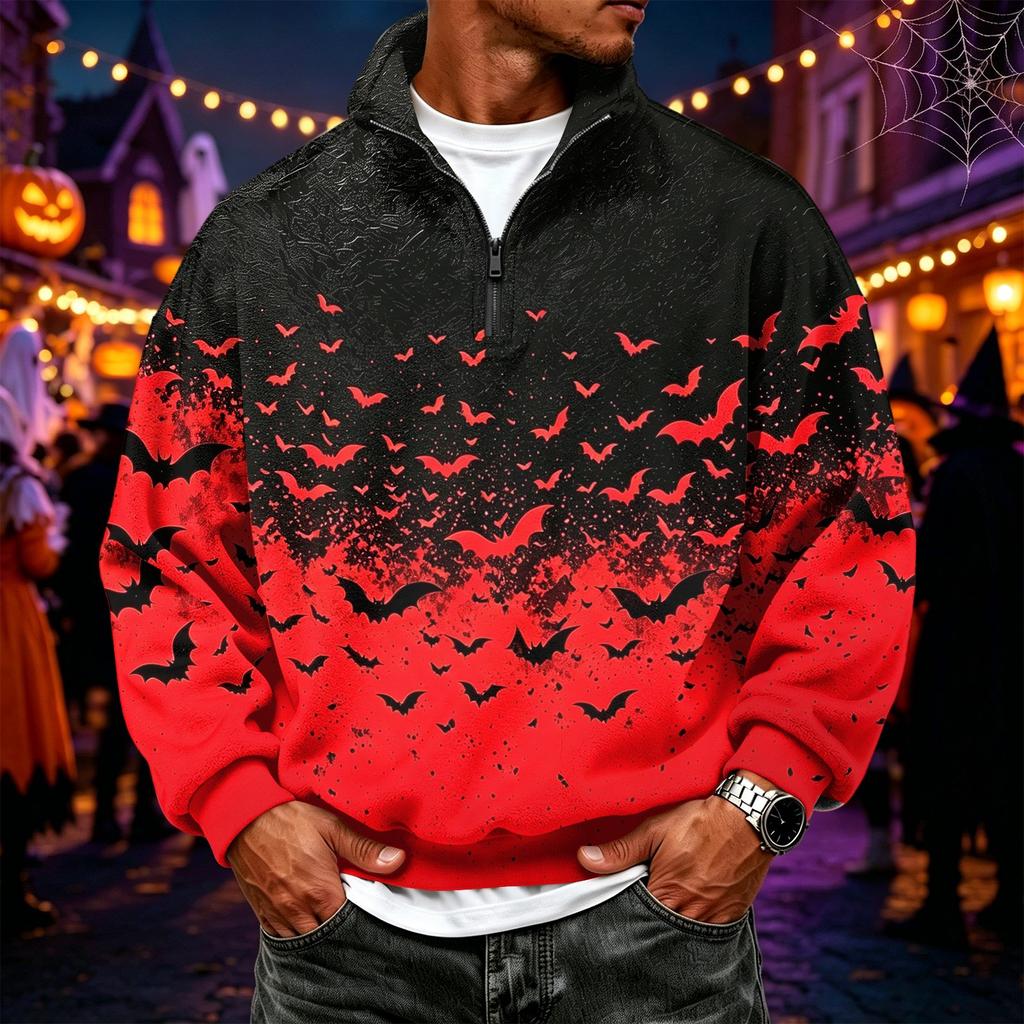 Men's Flannel 1/4 Zip Long Sleeve Sweatshirt with Halloween Print for Casual Wear
