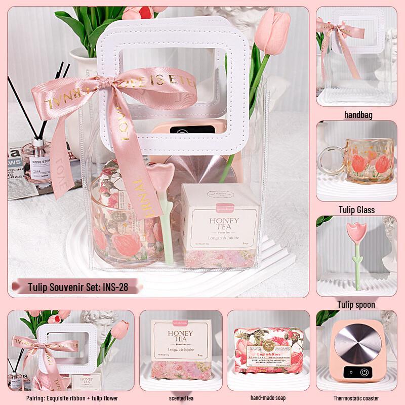 Huazao Baijia Tulip Glass Gift Set with Spoon, Coaster & Tea INS-28