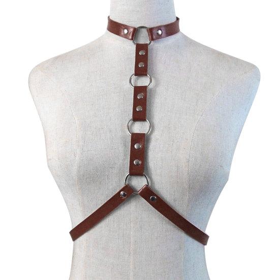 Adjustable Faux Leather Halterneck Choker Ring Waist Belt Body Chain Harness