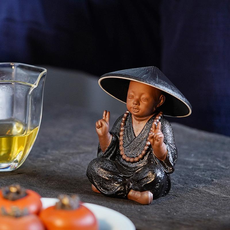 Black Pottery Buddhist Monks Miniature Figurines Buddha Statue Sculpture Tea Filter Funel Set Ornaments Home Docor Decoration