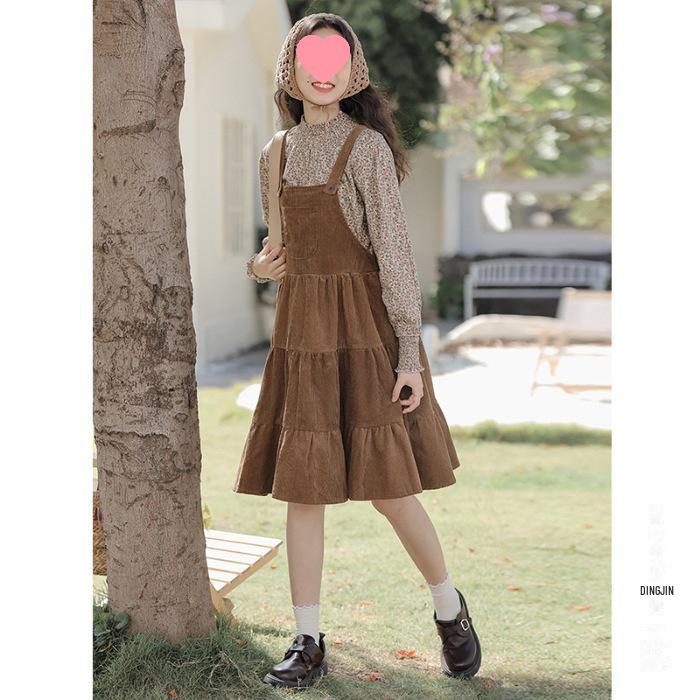 

Модный корейский комплект из рубашки с цветочным принтом и юбки на подтяжках для девочек - мода весна/осень 130 cm