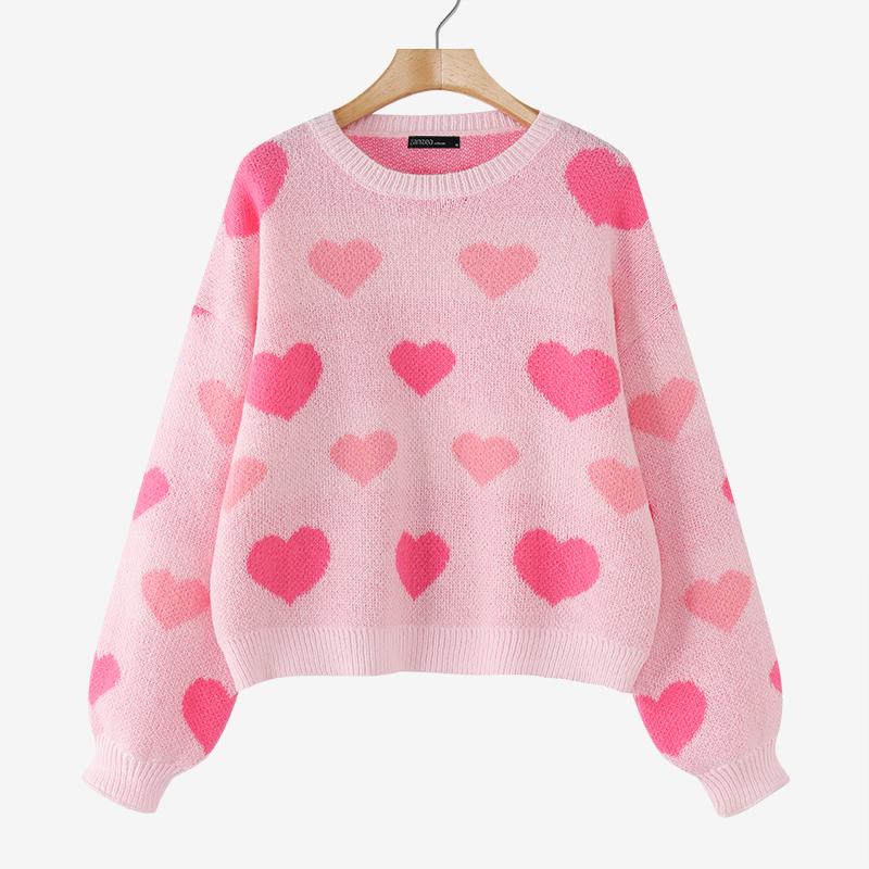 

ZANZEA Женский осенний джемпер с длинным рукавом и принтом сердечек, повседневный вязаный свитер L розовый