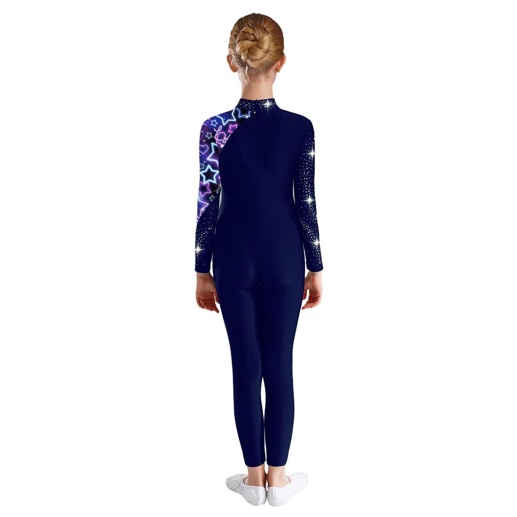 Mädchen Performance Jumpsuit Mock Neck Design Langarm Leotard Glänzende Strasssteine Akrobatik Outfit