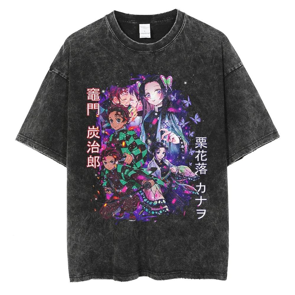 

Демон Клинок Танджиро, Шинобу и Канао Винтажная стираная футболка с графическим принтом в стиле Галактики, Оверсайз Аниме Уличная футболка, Унисекс Повседневный топ L