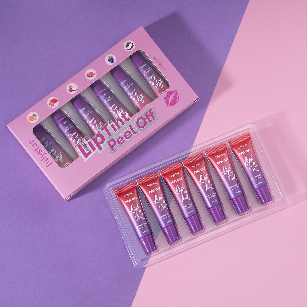 6PCS Julystar Lip Makeup Fruity Tear Lip Glaze Matte Background Waterproof Tear Lipstick