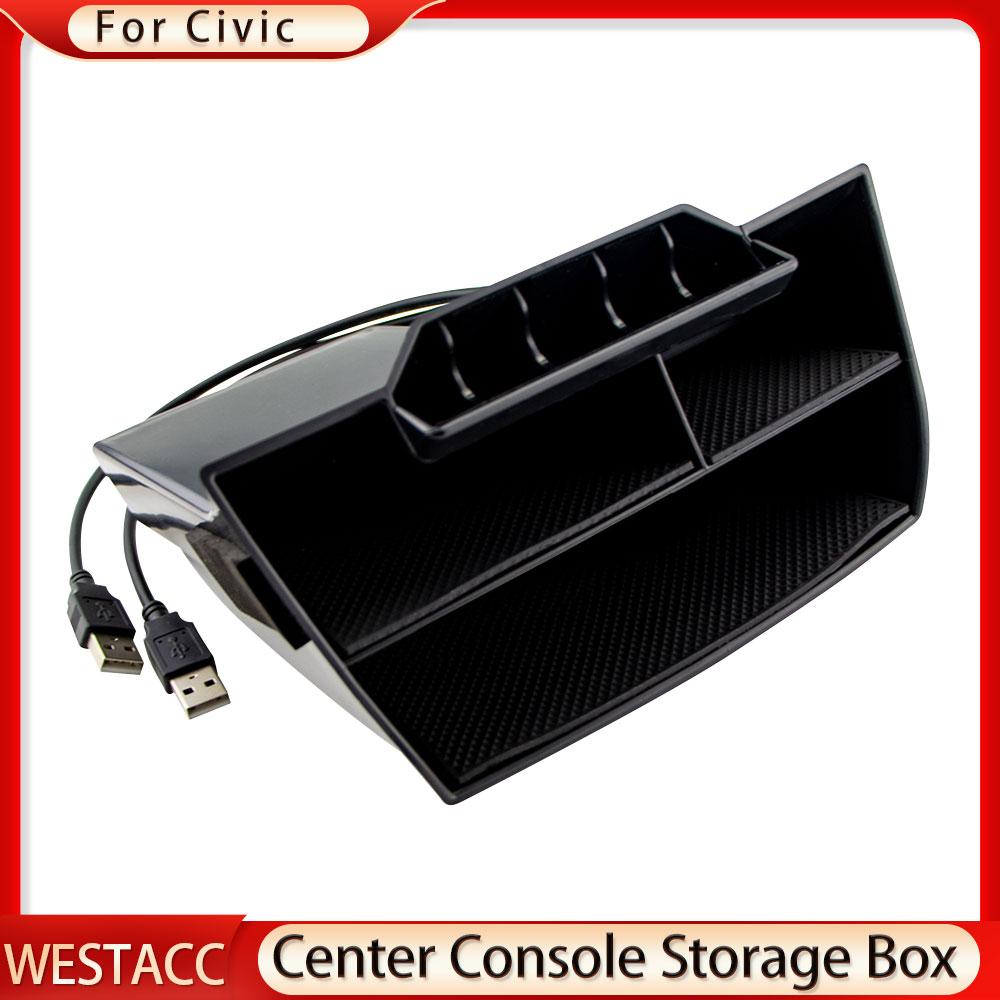 Cutie de depozitare ABS pentru consolă centrală auto cu USB pentru Honda Civic 10th Gen 2016 - Organizator de containere pentru tavă
