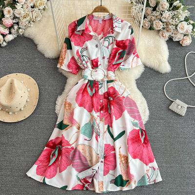 Damesjurk met bloemenprint, A-lijn, elegante vintage dame, zomerjurken met riem, casual vestidos