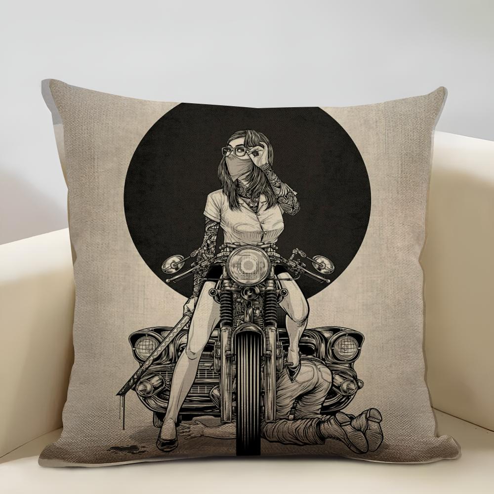 Female motorcyclist Cushion Household Decoration Linen Sofa Cushion Cover: Skin-Friendly & Breathable with Invisible Zipper
