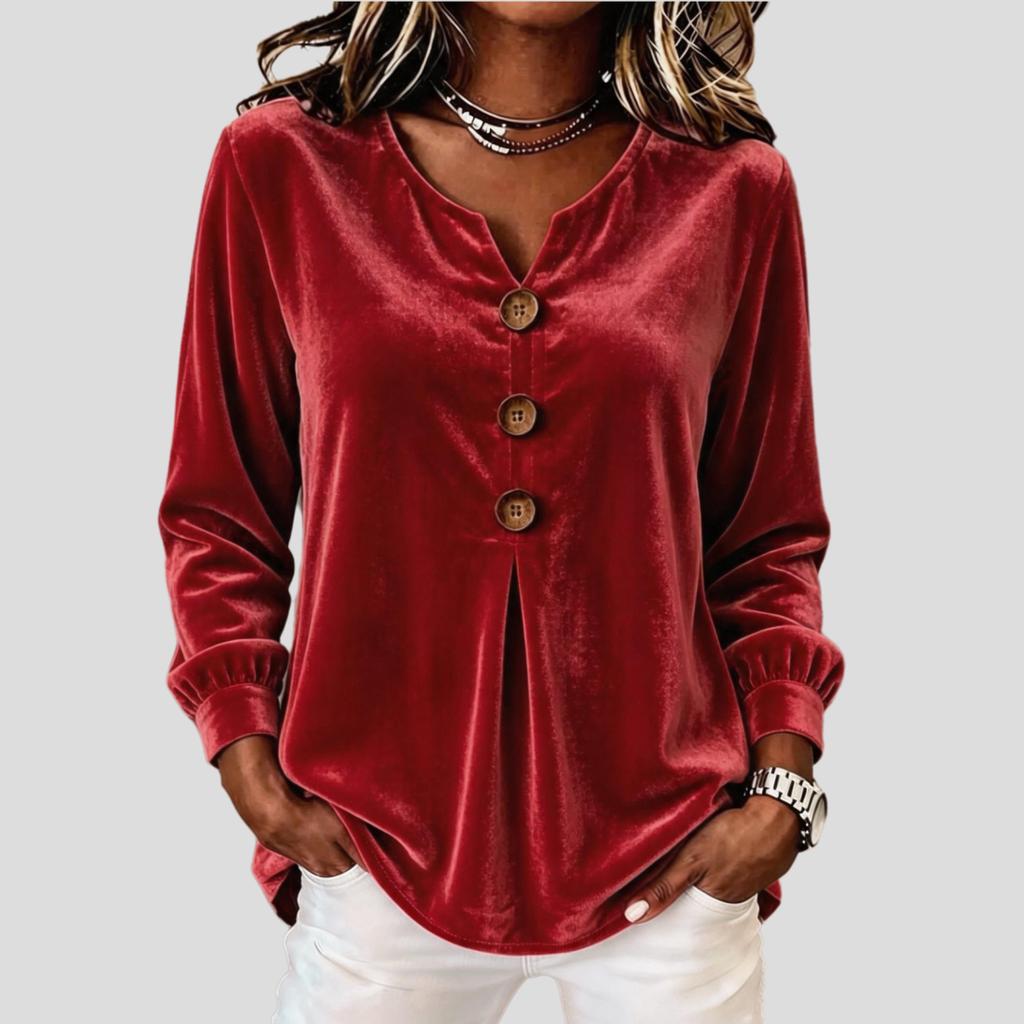 Women's Elegant V-Neck Velvet Blouse Buttoned Solid Color Long-Sleeve Soft Velvet T-Shirt Top