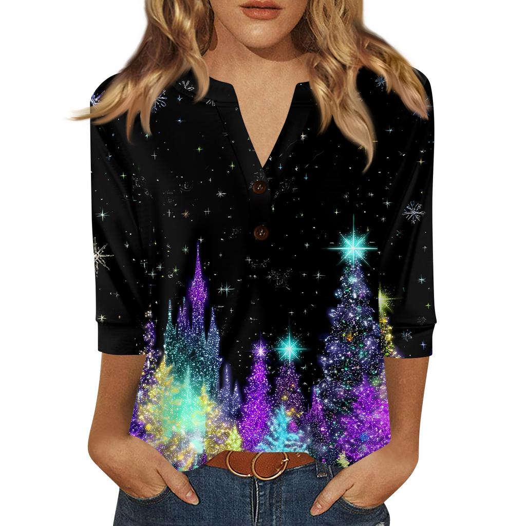 Women's T Shirt Christmas Print Button 3/4 Sleeve Daily Weekend Fashion Basic V- Neck Regular Top