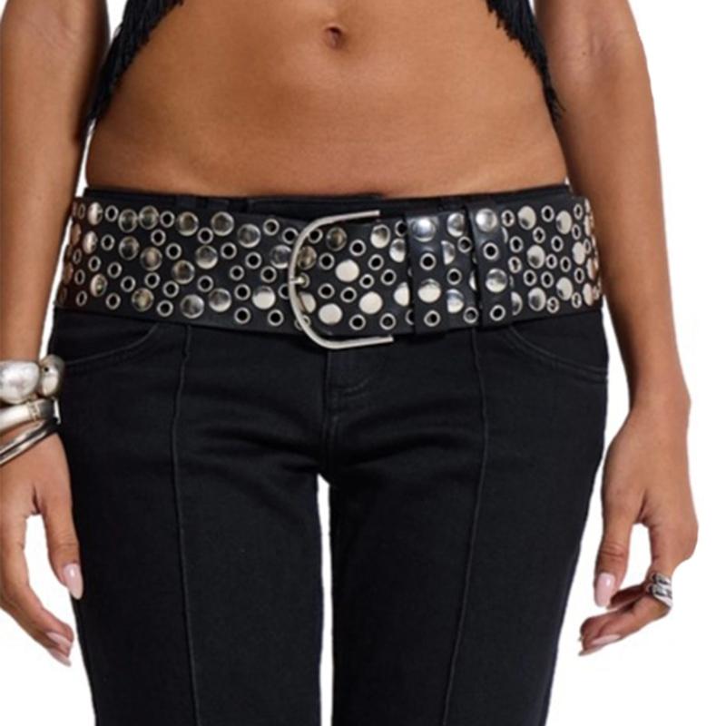 Adjustable Length Rivet Studded Waist Belt with PU Leather Full Studs for Trendy Rock Styles Enthusiasts Hiphop Decors