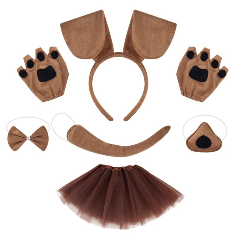 Halloween Dog Costume Accessories include Dog Ear Headband Dog Tail Nose Bowtie Skirt Gloves for Women Girl Cosplay