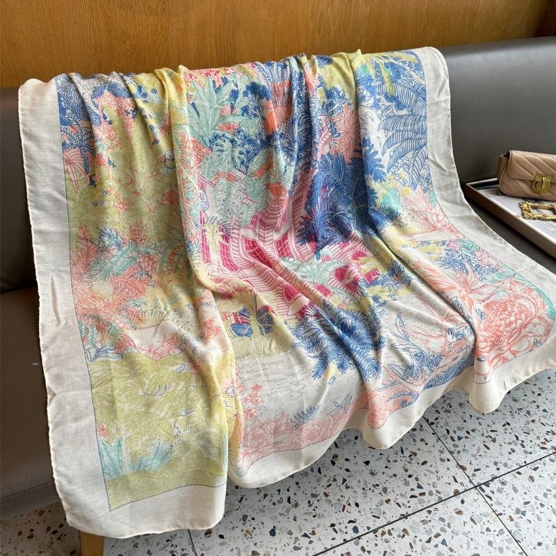 Spring and summer new women's thin linen 130 square scarves, colored scarves, high-end shawls outside for travel photos