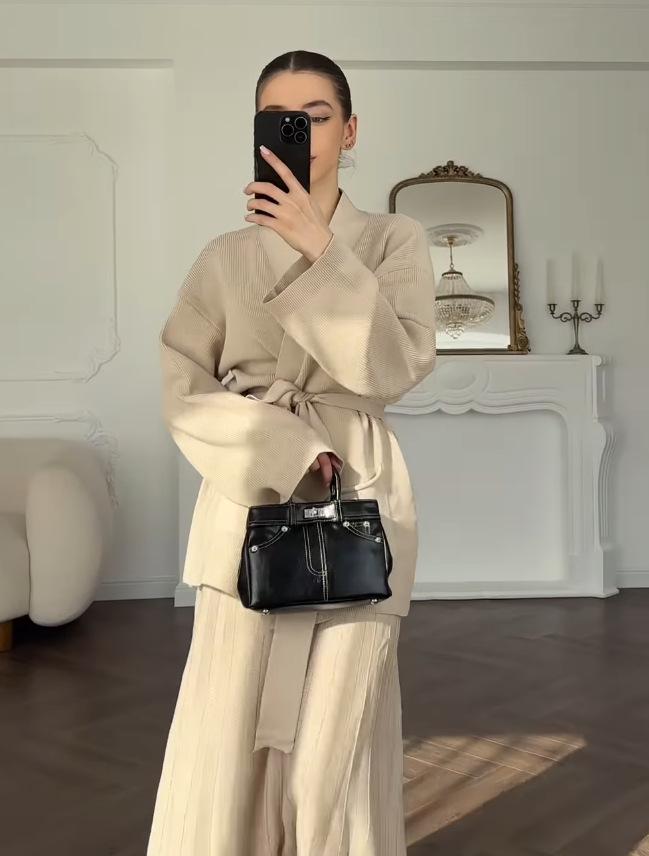 2025 Spring V-neck Cardigan Jacket & Comfortable Midi Skirt Set for Women