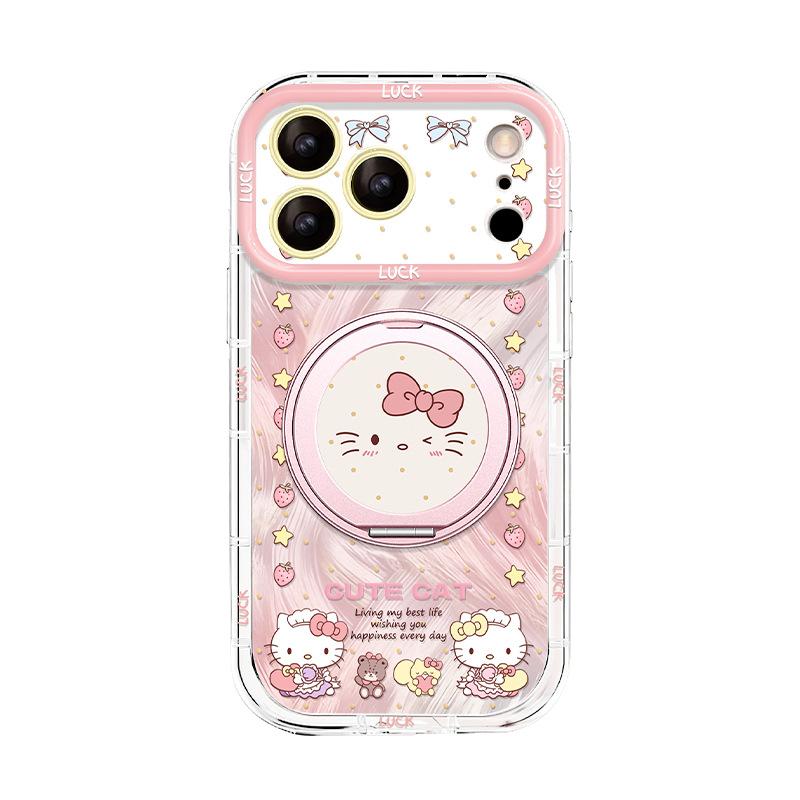 Applicable To Apple 16promax Mobile Phone Case 15 Rotating Bracket Iphone17 Strawberry Cat 14 Cute 13 All-inclusive