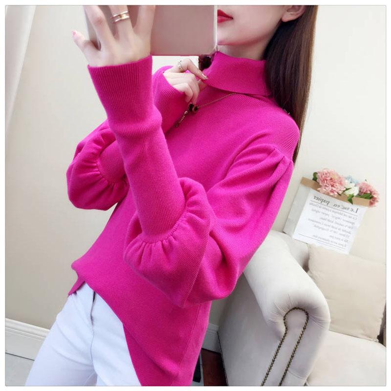 Pofulove Women's Turtleneck Pullover Sweater Autumn Winter Loose Plus Size Lantern Sleeves Knit Jumper