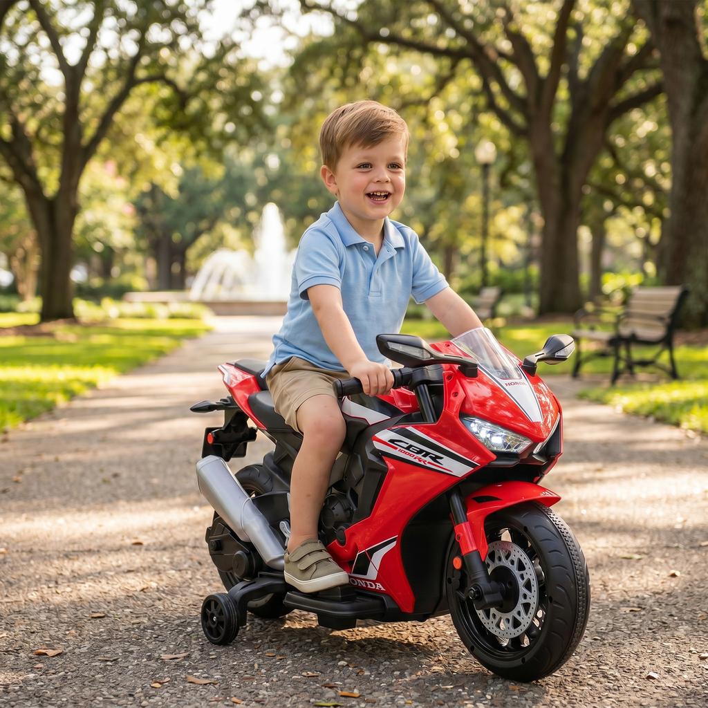 Electric Motorcycle for Children, Licensed Honda, 6 V, 3 km/h, Music, Lights, 2 Training Wheels, Red