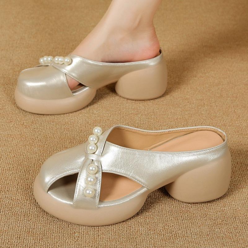 Fashion Women Mid Heels Slippers Designer Elegant Bead Shoes for Woman Fashion Slingback Sandals 2025 Summer New Pumps Mujer Sandalias