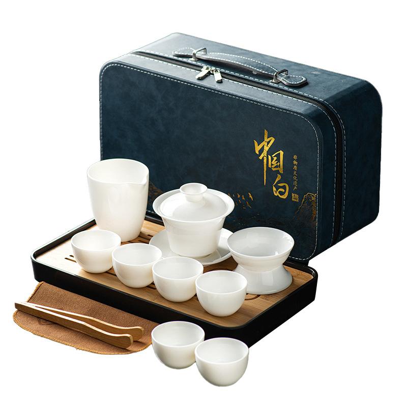 Suet jade tea set, white porcelain travel kung fu tea set, tea tray set, cover bowl teacup