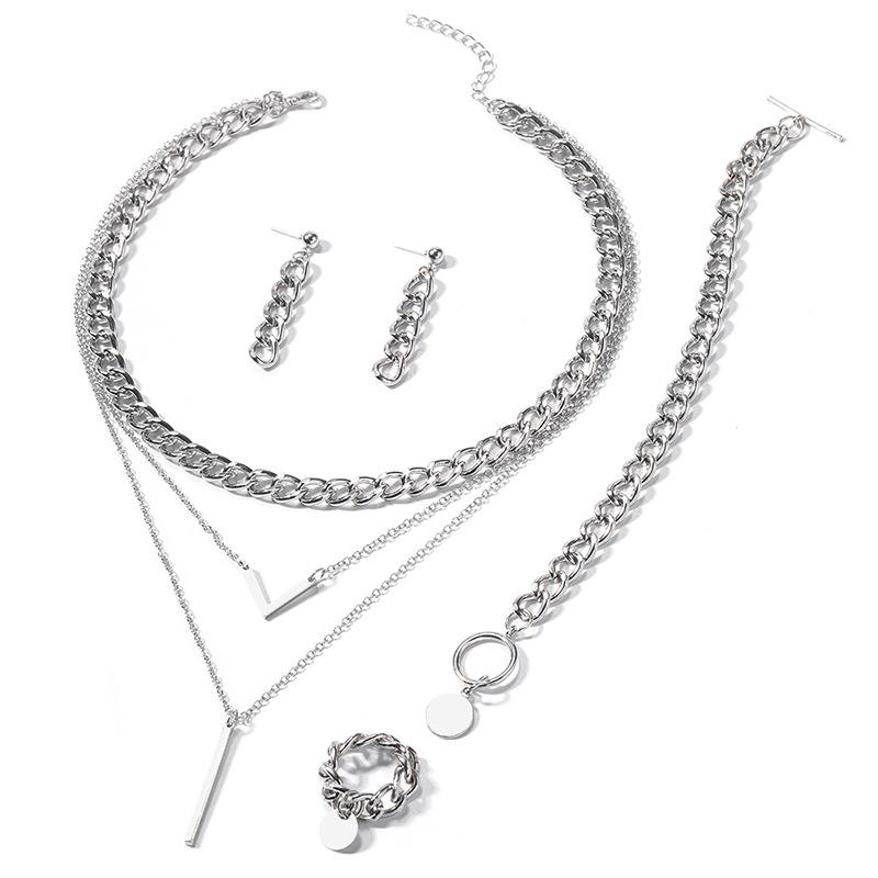 

Silver Plated Layered Chain Jewelry Set 5PCS Punk Necklace Earrings Bracelet Ring Set Alloy Cuban Link Jewelry for Women серебряный