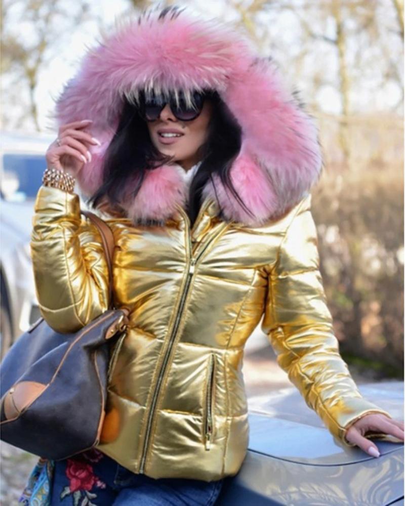 Women's Hooded Shiny Puffer Jacket with Big Fur Collar Winter Coat