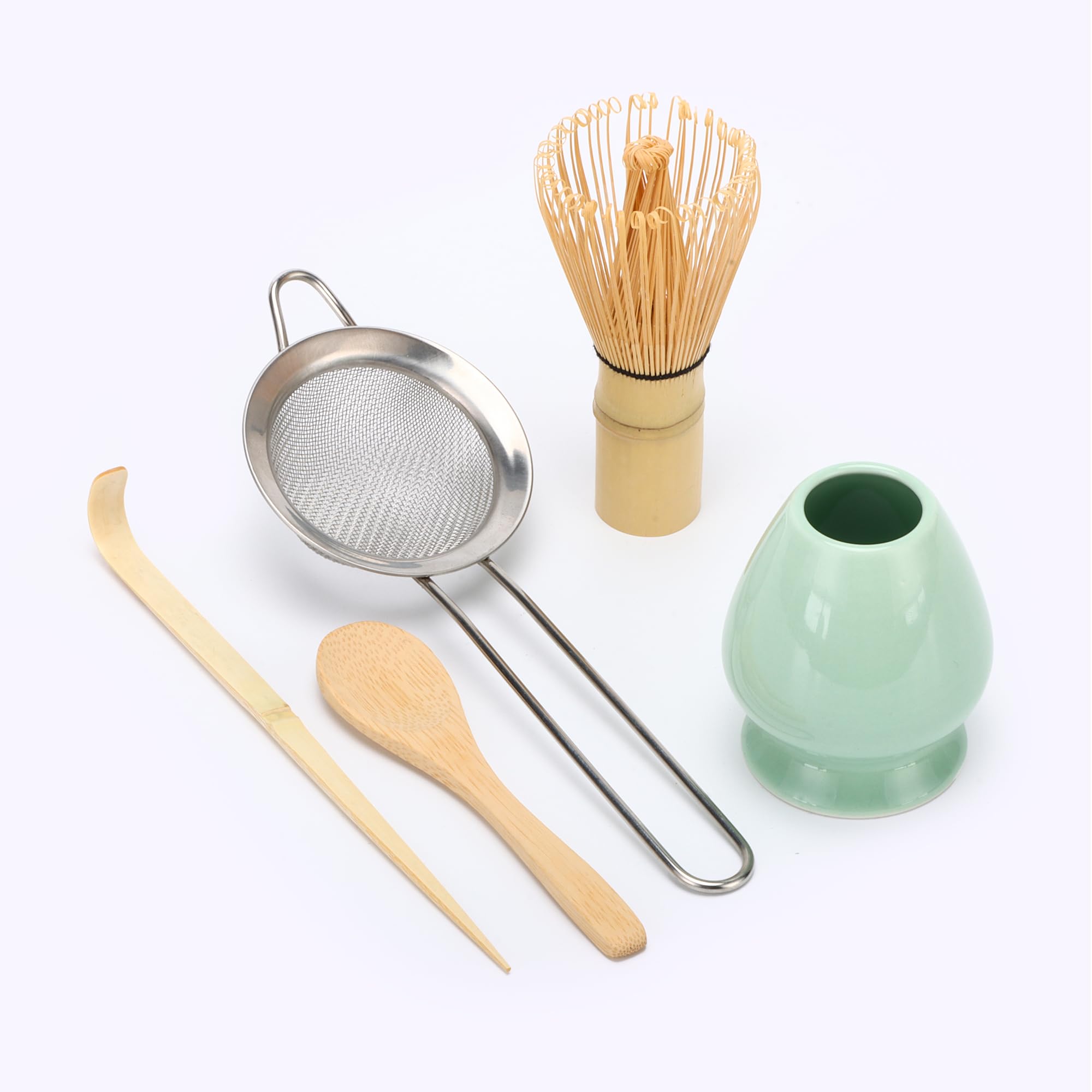 

DiDiBirDi Matcha Tea Bamboo Tea Traditional Stainless Steel Tea and Ceramic Tea Stand Set, Whisk, Spoon, Sieve, Scoop, (Green)