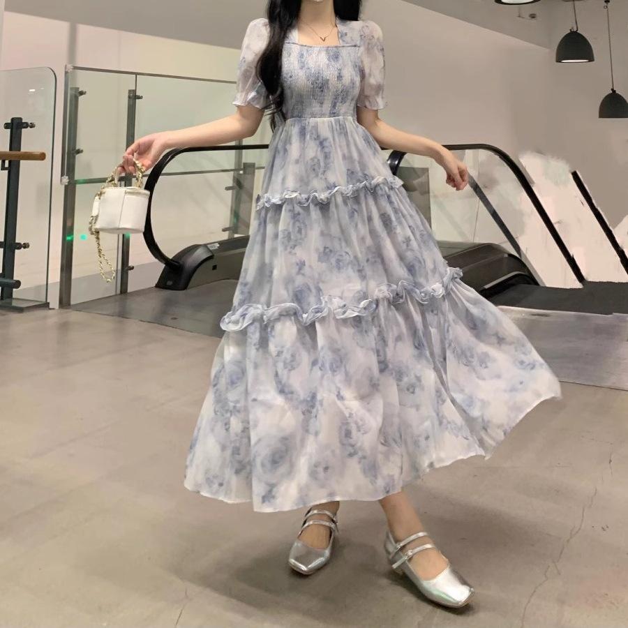 Large size women's floral dress women's summer waist and thin skirt super fairy Mori fat mm drape a-word skirt