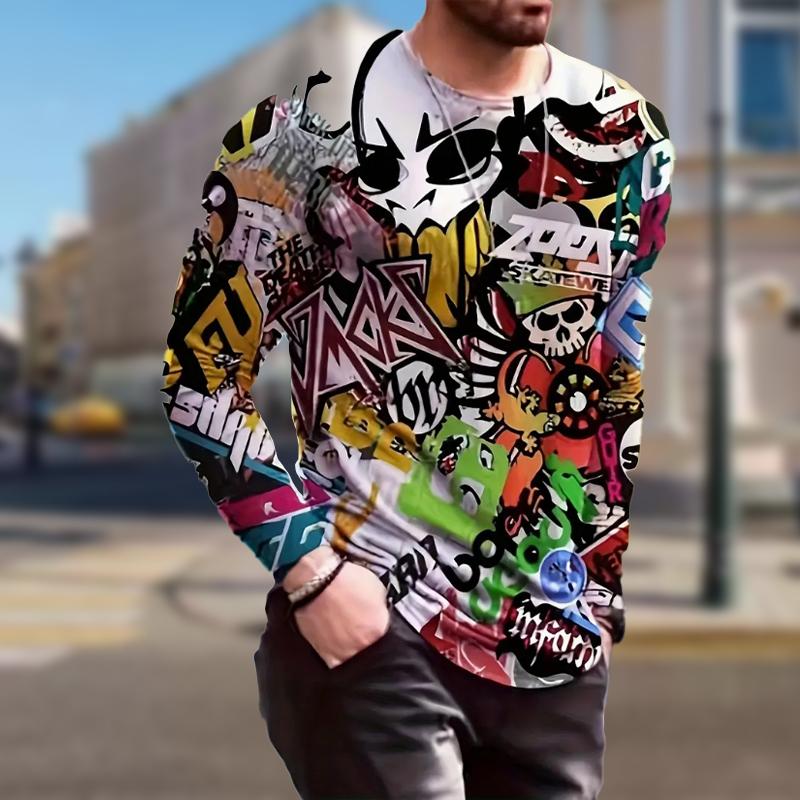 Personalized Skull Print Men's Tshirts Long Sleeve Tees Round Neck Casual Pullover Men's Clothing Plus Size