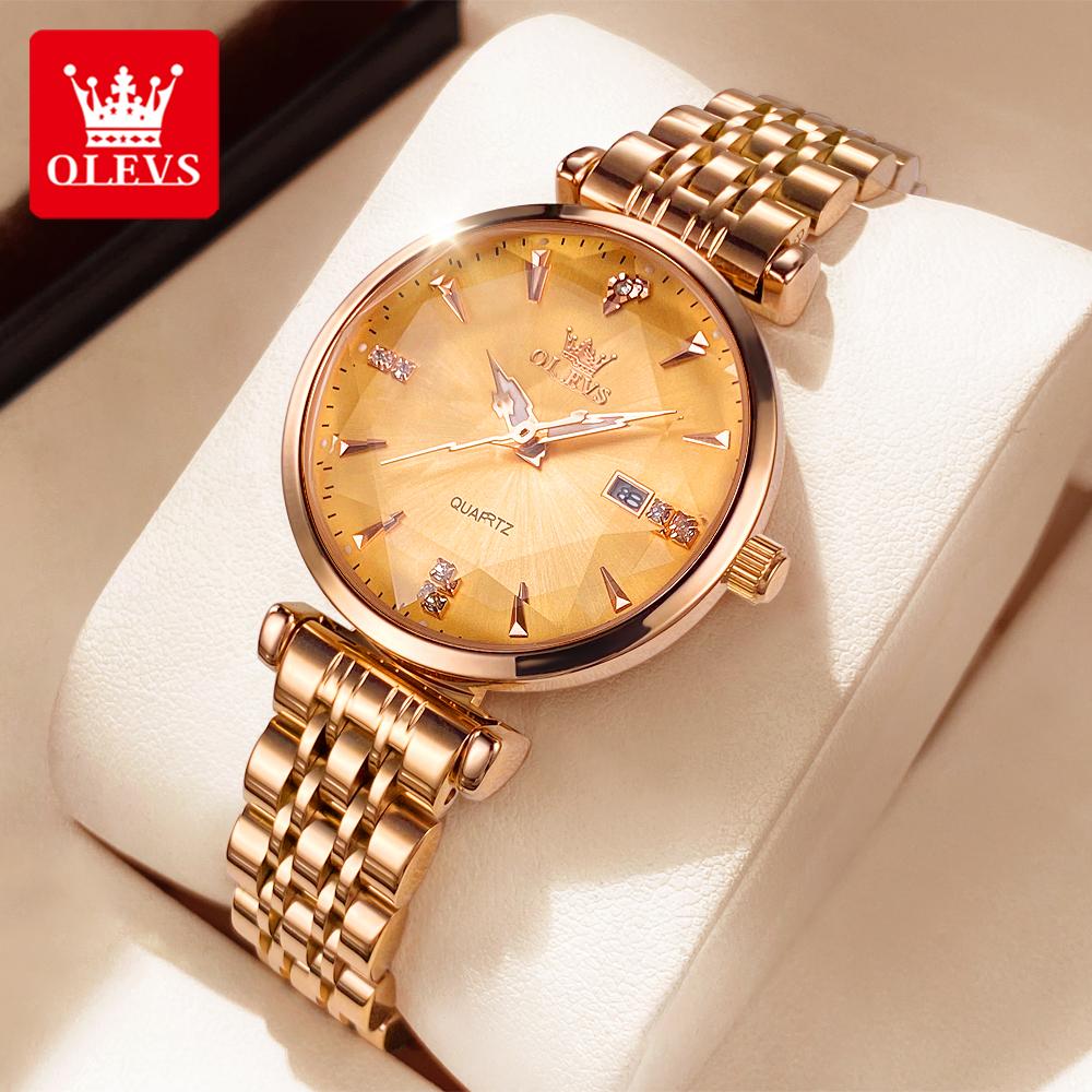 OLEVS Original Quartz Watch for Women Fashion Rhombus Mirror Elegant Rose Gold Steel Strap Waterproof Women's Dress Wristwatches