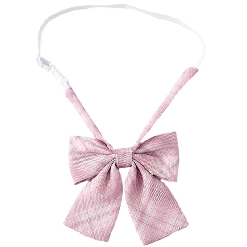 Japanese JK Girl Pink Checkered Neck Tie Bowknot School Student Uniform Pre-Tied Adjusted Bowtie for Cosplay Parties