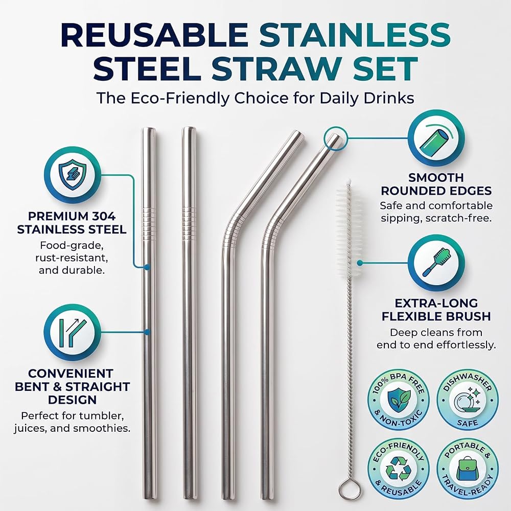 KBS Stainless Steel Straws for Drinking with Cleaning Brush For Kids and Adults Reusable Metal Straw Set Drinking Juice & Drinks Reusable Straw Pipe