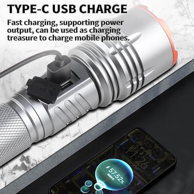 Super Bright LED Flashlight Type-C USB Rechargeable High Lumens Flashlights with Digital Display 5 Modes Emergency Torch